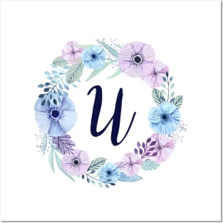 Floral Monogram U Icy Winter Blossoms Posters and Art